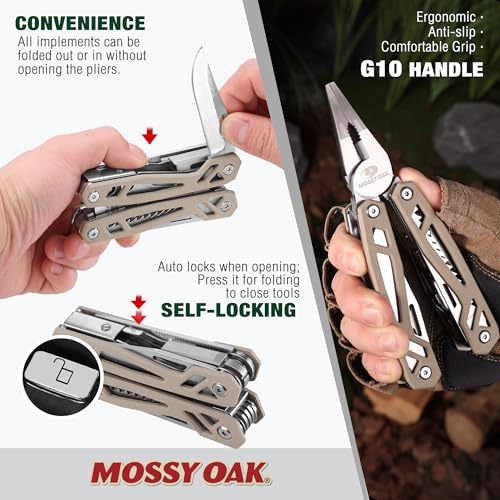 Image of MOSSY OAK Multitool, 22-in-1 Stainless Steel Pliers with Screwdriver Sleeve, Desert Steel Handle, Self-locking Knife with Sheath-Perfect for Outdoor, Survival, Camping, Hiking, Simple Repair