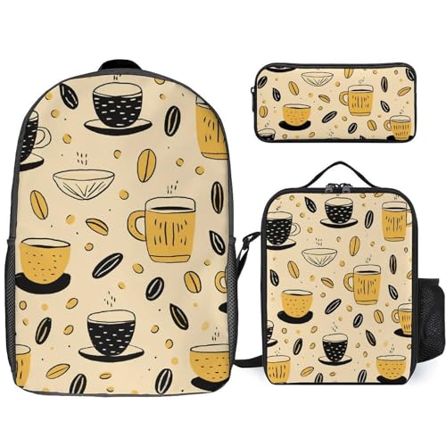 3 Piece Backpack for Women Men Lightweight Causal Daypack Shoulder Bag Set with Insulated Lunch Bag And Pencil Case Organizers Coffee Pattern