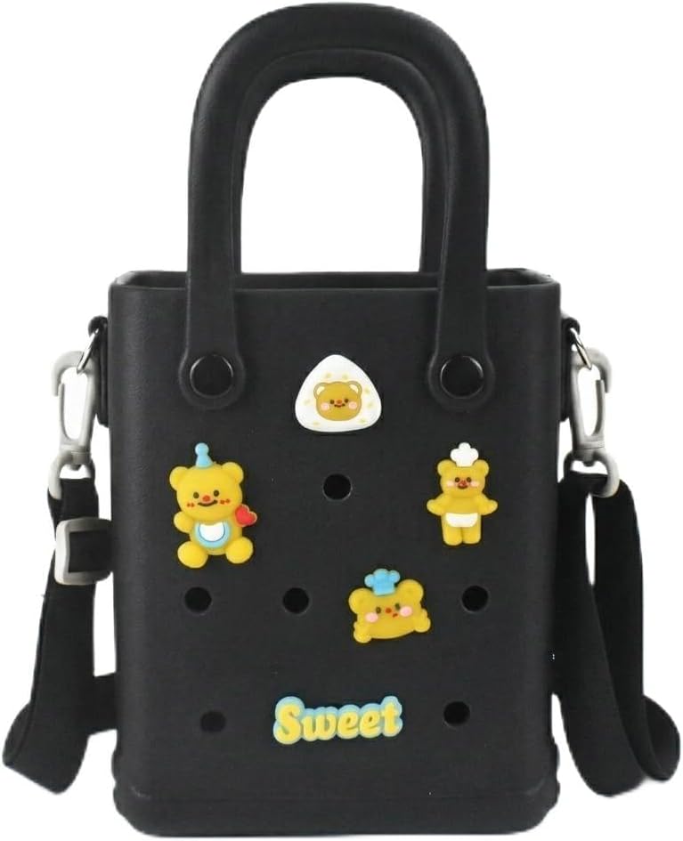 Juyeesm Mini Rubber Beach Bag with Strap & Charms, Waterproof EVA Beach Bag for Girls, Small Rubber Tote Bag for Women
