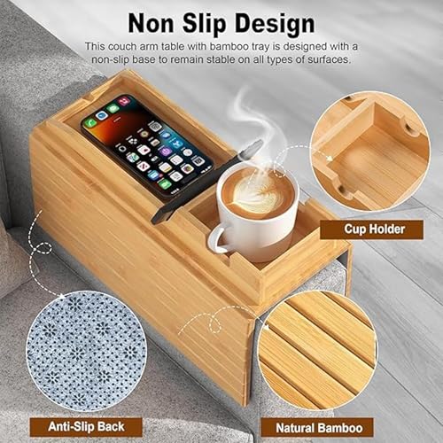 Image of MISHAVI Sofa Armrest Tray - Premium Wooden Arm Tray with Cup Holder | Flexible Couch & Bed Tray, Wooden Mat, Sofa Side Cover, Sofa Accessories