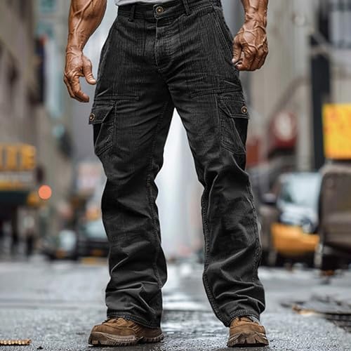 XSTH Mens Cargo Pants Relaxed Fit Corduroy Elastic Waist Straight Leg Sweatpants Casual Vintage Loose Slacks with Pockets2