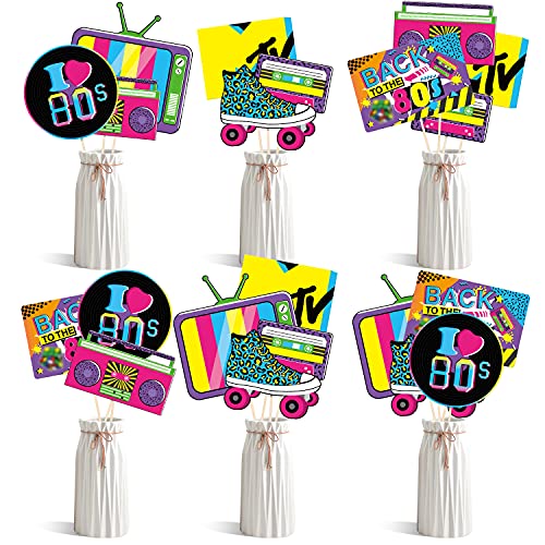 24pcs Back to the 80s Centerpieces Sticks 80s Retro Theme Party Table Toppers 1980s Throwback Cutouts Hip Hop Signs for 80s Neon Party Decoration I Love 80s Birthday Party Supplies
