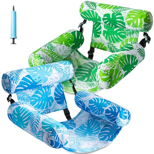 FindUWill Inflatable Pool Floats Adult, 2 Pack Pool Float Chair Heavy Duty Floating Lounge Chairs, Pool Floaties for Summer Party, Blow up Rafts for Pool Beach Lake Fun (Tropic Green & Tropic Blue)