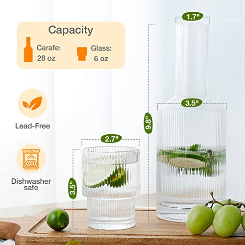 Bedside Water Carafe and Glass Set, Gencywe 28 OZ Pitcher & 6 OZ Cups, Vintage Glass Bedside Water Serving Carafe with Cup Set for Kitchen, Bedroom, Clear Juice Pitcher with Tumbler Glass (2-Piece)
