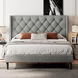 Feonase Queen Bed Frame with Upholstered Wingback Headboard, Platform Bed and Heavy Duty Wooden Slats Support, Easy Assembly, Noise-Free, No Box Spring Needed, Grey
