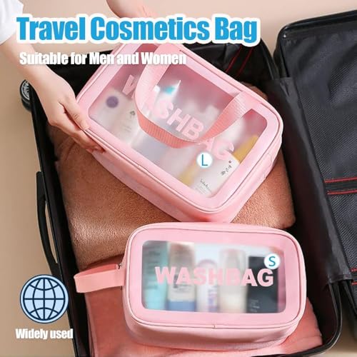 Image of KUKLAR Wash Bag Pouch for Travel Kit Toiletry Bag Cosmetic Bag Make Up Box for Brushes, Accessories with Handle, Large Capacity Translucent Waterproof Travel Storage Small Size 25X16X10 (Pink)