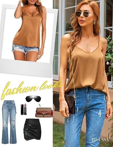 VIDUSSA Sexy Tank Tops Womens Satin Cami Top Pack V Neck Camisole Spaghetti Strap Tank Loose Sleeveless Blouses4