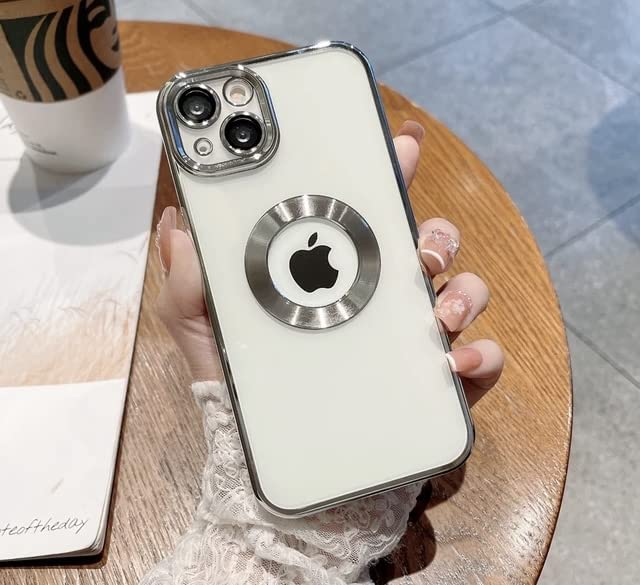 Image of MIDOS Silicone Back Cover Ring Logo Cut for Magsafe Compatible For iPhone 13 Lens Protection Chrome Back Cover for - iPhone 13 (Silver)