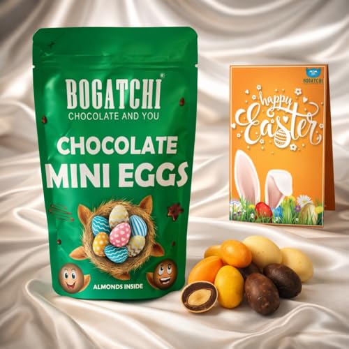 Image of BOGATCHI Chocolate Mini Eggs with Almonds 200g - Crunchy Almond Filled Easter Chocolates, Premium Milk & White Chocolate Coated Eggs, Festive Gift Pack for Kids & Family, Easter Basket Treats (Pouch Pack)