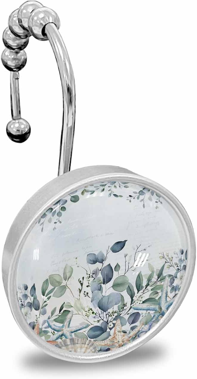Summer 12PCS Shower Curtain Hooks Rings, Blue Eucalyptus Leaf Ocean Shell Starfish Decorative Shower Curtain Hooks for Bathroom Stainless Steel Rustproof Shower Curtain Rings
