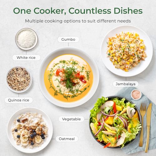 Image of Compact Mini Rice Cooker Small Kitchen 3-Cup (Uncooked) / 6-Cup (Cooked), Non Stick Ceramic Inner Pot Rice Maker, 24H Timer Delay, Auto Keep Warm, 8 Functions Multicooker For Brown Rice, Steam, Soup