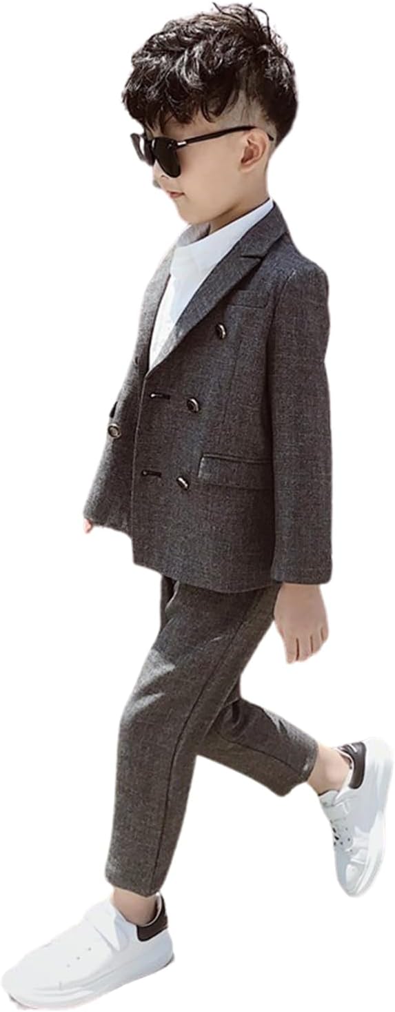Boys' Houndstooth Suit Double Breasted Jacket Pants Two Pieces Set for School Party