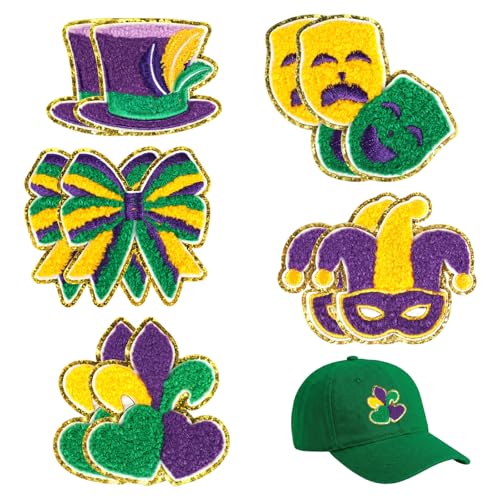 10 Pcs Mardi Gras Chenille Patches, Fleur De Lis Iron On Patches, Purple Green Gold Embroidery Patches for Mardi Gras Costumes, Jackets, Hats, Jeans, Clothes, Bags, DIY Craft
