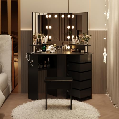 PullaFun Corner Makeup Vanity Desk with Lights & Power Outlet - Spacious Tri-Folding Mirror, 5 Rotating Drawers, Adjustable Brightness, Ample Storage, Stool Included