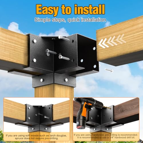 Eapele Pergola Kits with 3-Way/4-Way Corner Brackets and DIY Post Base for 4"x 4" Lumber(Inner 3.65x3.65), Powder Coated Steel Made for Gazebos, Patio Pergolas, Log Cabin Outdoor Pergola Hardware - Image 6
