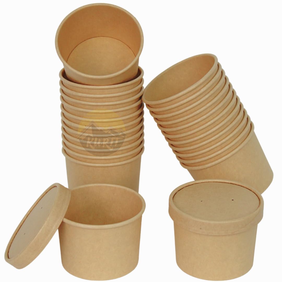 KURTT - Cuenco de cartón con tapa - Taza de sopa con tapa - 500 piezas - 500 ml - Ensaladera - Desechable - Restaurante - Take away - Poke bowl