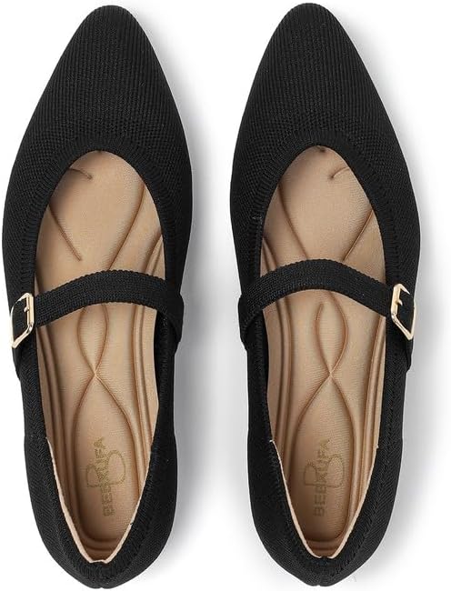 Bebxufa Women's Pointed Toe Knit Mary Jane Ballet Flats for Office Casual Wear Stretchy Dressy Slip-On Shoes with Arch Support