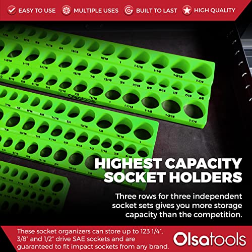 Olsa Tools Magnetic Socket Organizer | 3Pc Socket Holder Kit | 1/2-Inch, 3/8-Inch, 1/4-Inch Drive | Socket Organizers For Toolboxes | Green | Holds 123 | Professional-Grade Tool Organizer | Part 1561 #TOP1