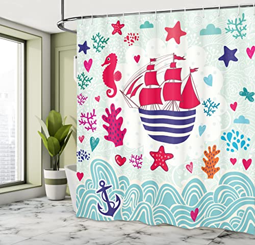 ABAKUHAUS Ocean Shower Curtain, Maritime Theme a Sailing Ship Anchor Seahorse and Sea Star Illustration Art - Image 4