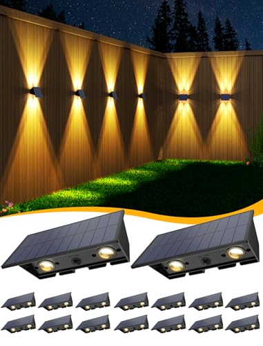 Solar Fence Lights,16Pack Solar Lights Outdoor Warm White Up & Down Solar Wall Lights Waterproof 100 Lumens Dusk to Dawn Solar Powered Fence Light for Outside /Backyard/Pool/Railing/Patio/Porch/Step