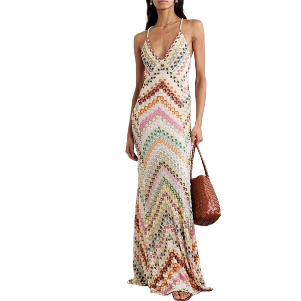 Vestido maxi crochet halter espalda descubierta pico V playa fiesta L
