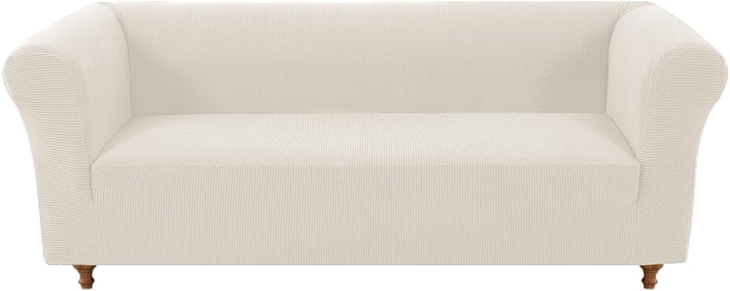 Stretch Chesterfield Sofa Cover – Luxury Jacquard Slipcover for 3-Cushion Couches | Non-Slip Pet-Friendly Furniture Protector (Ivory, Sofa)