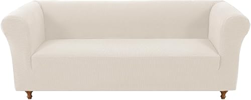 Funda elástica Chesterfield para sofá de 3 cojines, 1 pieza, para sala de estar, protector de muebles para mascotas y perros (color marfil, sofá)