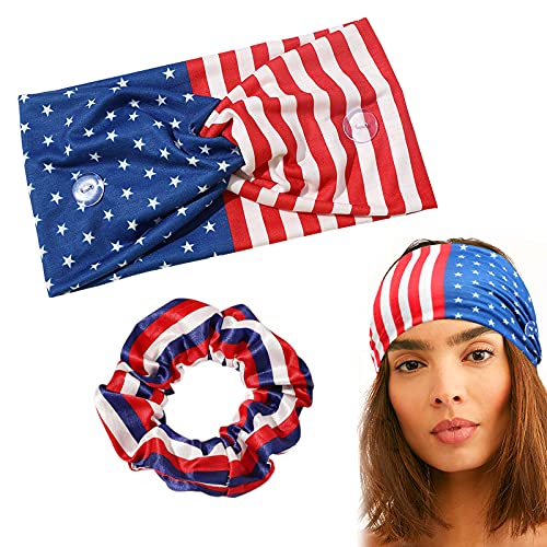 American Flag Button Banana Headband 4th of July Patriotic Red White Blue Turban USA Head Wrap Women Girls Men Independe
