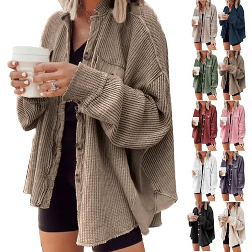 Women's Batwing Sleeve Waffle Knit Button down Shirt Shacket Tops, Jacket for Women 2025 Waffle Knit Tops