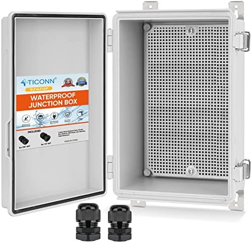 TICONN Waterproof Electrical Junction Box IP67 ABS Plastic Enclosure with Hinged Cover with Mounting Plate, Wall Brackets, Cable Glands (Off-White, 10.2"x6.3"x3.9")