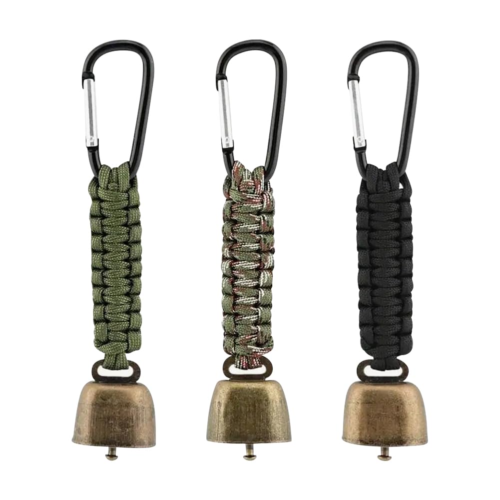 FSSTUD 3 Pcs Loud Bear Bells Paracord Keychain with Carabiner Braided Lanyard Key Chain Outdoor Camping Bells Heavy Duty Backpack Keychains for Hiking Climbing