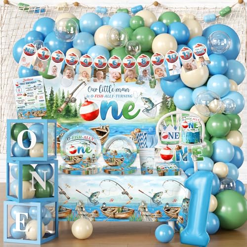 Fexivo 263pcs Ofishally One Birthday Decorations Complete Party Set for 25 Guests O Fishally One First Birthday Decorations Balloon Arch Backdrop Plates for Gone Fishing Party Decoration