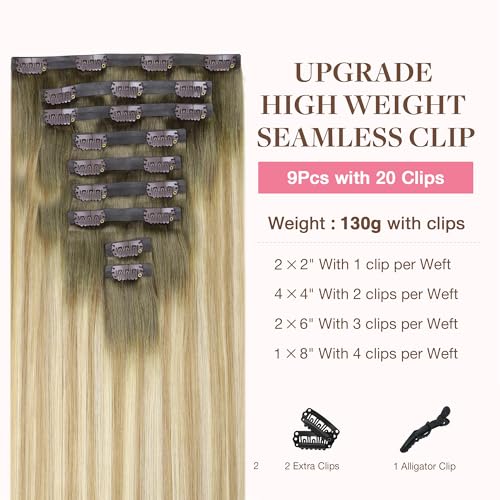 Image of GOO GOO Clip in Hair Extensions Real Human Hair, Remy Human Hair Extensions Clip ins for Women, Natural Human Hair, 14inch 130g 9Pcs, 5A /90 /16F Bahamian Balayage