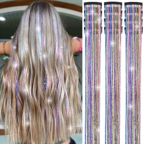 Nineibei Hair Tinsel Clip in Pack of 12 Pcs Glitter Tinsel Hair Extensions 24 Inch Clip in Hair Tinsel Sparkly Fairy Hair Accessories for Girls Women Festival Party (Colorful 12Pcs)