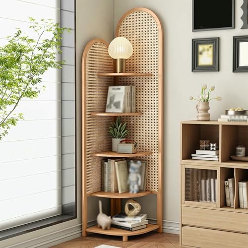 Estantería esquinera de ratán de 5 niveles con diseño triangular para dormitorio y salón 2