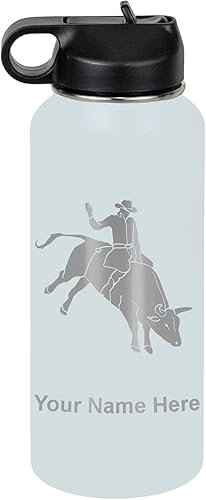 LaserGram Botella de agua personalizada, Bull Rider Cowboy, acero inoxidable de doble pared aislada al vacío con popote superior, regalo grabado