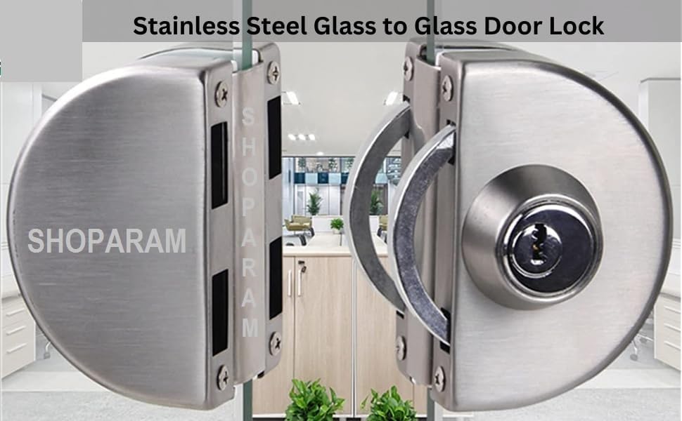 SARNESHWERAM Stainless Steel Door Lock No Drilling Commercial Heavy Duty Central Lock for 10mm to 12mm Toughened Double Door with 3 Keys and 6 Screws 3