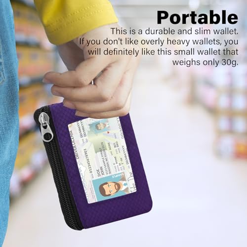 Image of Minimalist RFID Wallet with Lanyard, Multi-functional ID Case with 2 Zipper Pockets and Key Chain for Men and Women, Tactical Badge Pouch Cards Holder, Coin Purse for Travel Sports - Dark Purple