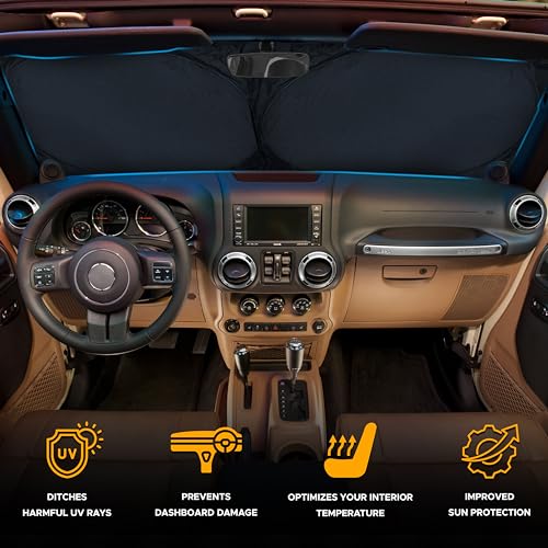 Image of EcoNour Jeep Windshield Sunshade | Sun Visor for UV Rays & Heat Protection | Suitable for Wrangler, Gladiator | Jeep Accessories for Wrangler | X-Small - 60x21 Inches