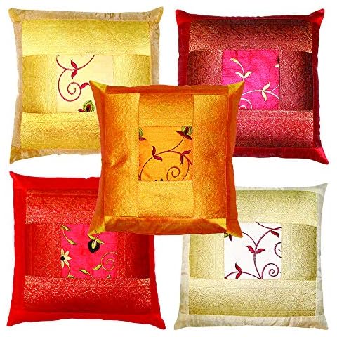 rajwada-fashion Indian Ethnic Hand Embroidery Decorative Silk Pillow Cushion Cover Set of 5 Pcs Size 16 X 16 Inch Cover