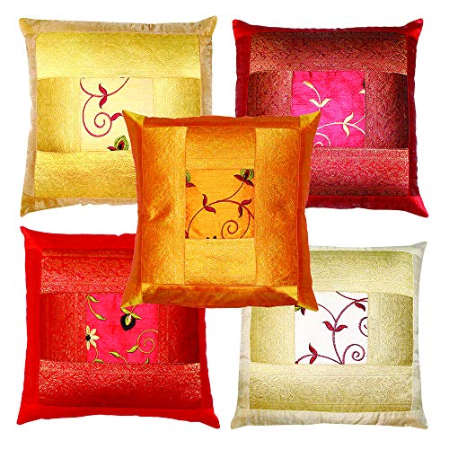 rajwada-fashion Indian Ethnic Hand Embroidery Decorative Silk Pillow Cushion Cover Set of 5 Pcs Size 16 X 16 Inch.