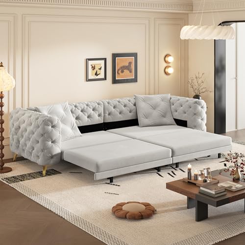 Image of KEIKI 97.7 inch Convertible Sleeper Sofa Bed, 3 in 1 Pull Out Sofa Bed, 4-Seater Button Tufted Couch with Movable Ottoman for Living Room, Bedroom, Apartment, Light Grey