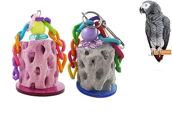 2 Pcs Parrot Chew Toys Natural Materials Bird Beak Calcium Stone, Hanging Chew Toy for Macaw, African Grey, Cockatiel and Other Medium to Large Birds