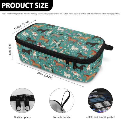 Image of Horse Floral Women Pencil Pouch Large Capacity,Girls Penci Bag for Children Lightweight Penci Pouch for Age 3-16 Kids Pencil Box with Mesh Pocket Box Pencil for Boys Teenagers