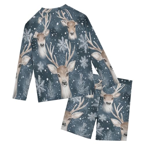 Reindeer Head Snow Boys Swimsuit Rash Guard Toddler Kids Long Sleeve Swim Shirt and Trunks Swimwear Set 3-10Y2