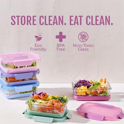 Ello Duraglass Refresh 3.4 Cup Meal Prep Sets 10Pc, 5 Pack Set- Glass Food Storage Container with Silicone Boot and Airtight BPA-Free Plastic Lids, Dishwasher, Microwave and Freezer Safe,Dusk Delight #1