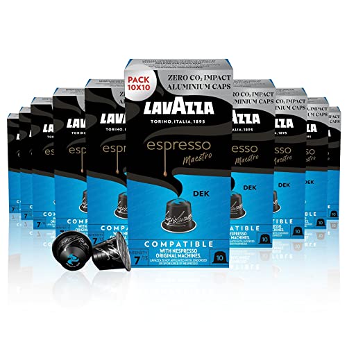 Lavazza, Espresso Maestro Dek, 100 Cápsulas de Café Descafeinado Compatibles con Máquinas Nespresso*, Notas de Frutos Secos y Chocolate, Arábica y Robusta, Intensidad 7, Tueste Medio, Amazon Exclusive