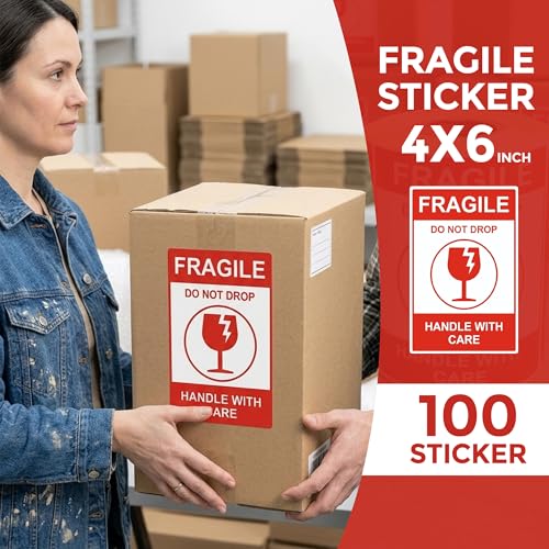Image of GLUN Pack of 100 Piece Fragile Shipping Stickers, 4x6 inch Size Roll, Bold High-Visibility inchHandle with Care inch & inchDo Not Drop inch Warning Stickers for Safe Delivery