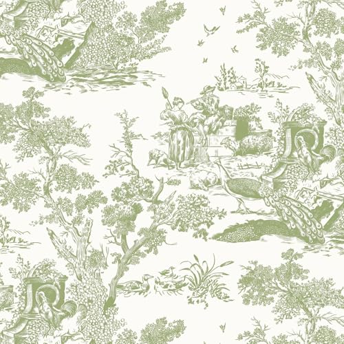 Yomshi 44 cm x 10 m Papel Pintado Autoadhesivo Lámina Adhesiva de Vinilo Vintage Papel Pintado Con Árboles y Animales Lámina Protectora Impermeable Verde para Dormitorios, Salones y Cocinas