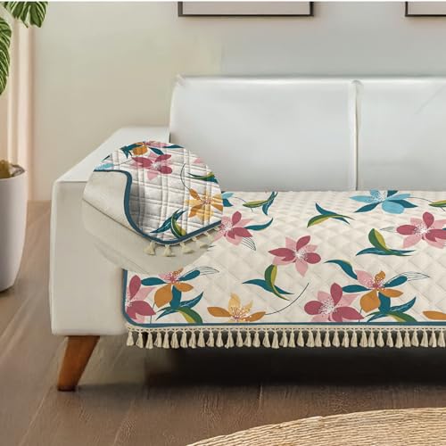 Image of Urban Space 2 Seater Microfiber Quilted Sofa Cover mat with Tassels, Non-Slip Sofa Protector, Easy Care & Machine Washable Cover, Sofa Seat Runner for Couch for Living Space (2 Seater - Bloomingdale)